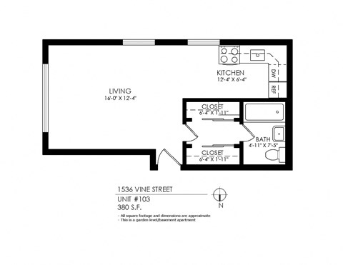 Floor plan for studio, 1 bath, 380 sqft